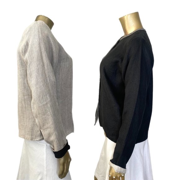 UNBRANDED REVERSIBLE FLAX LINEN BLACK & TAN JACKET  W/ METAL BUTTONS 42" BUST - Picture 4 of 6